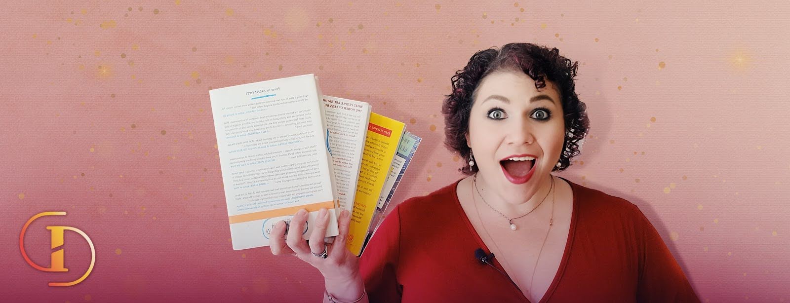 Grow Disrupt graphic of Stephanie Scheller holding a stack of books on a pink background for an article about the best books for ADHD entrepreneurs.