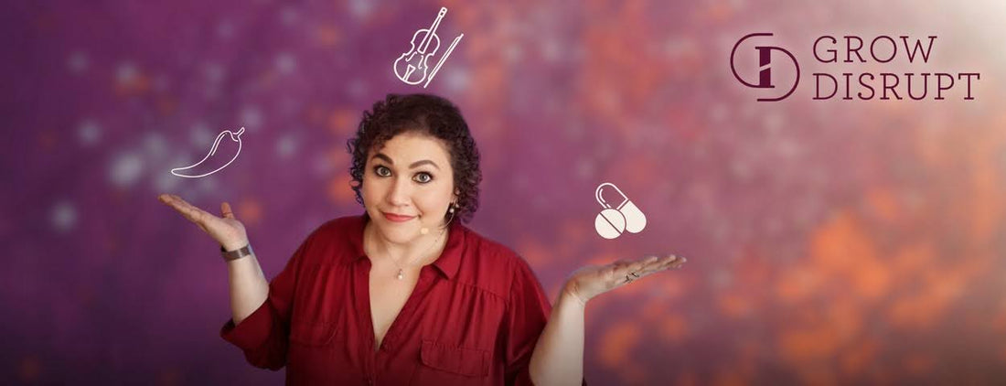 Grow Disrupt graphic of Stephanie Scheller with illustrated icons for violin, pepper, and supplements, for an article on natural ADHD support for adults.
