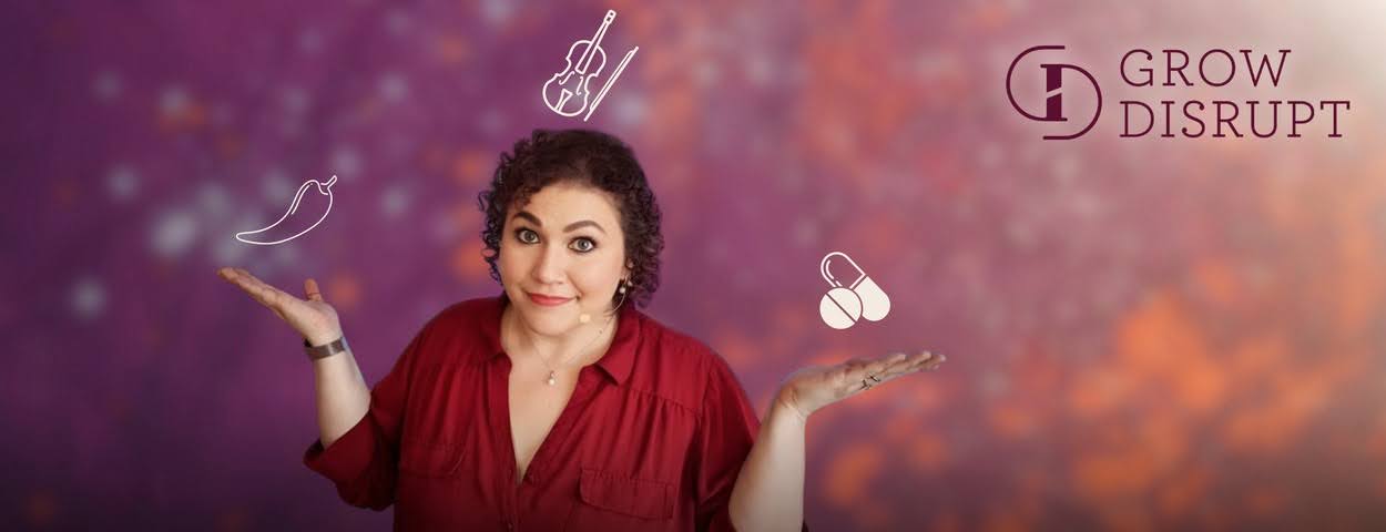 Grow Disrupt graphic of Stephanie Scheller with illustrated icons for violin, pepper, and supplements, for an article on natural ADHD support for adults.