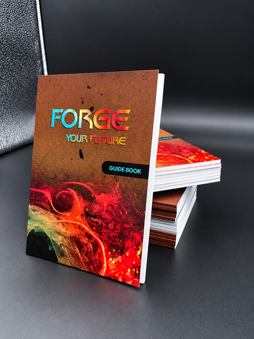 Forge Your Future guidebook cover with stack of copies, part of Grow Disrupt's ADHD entrepreneur intensive kit