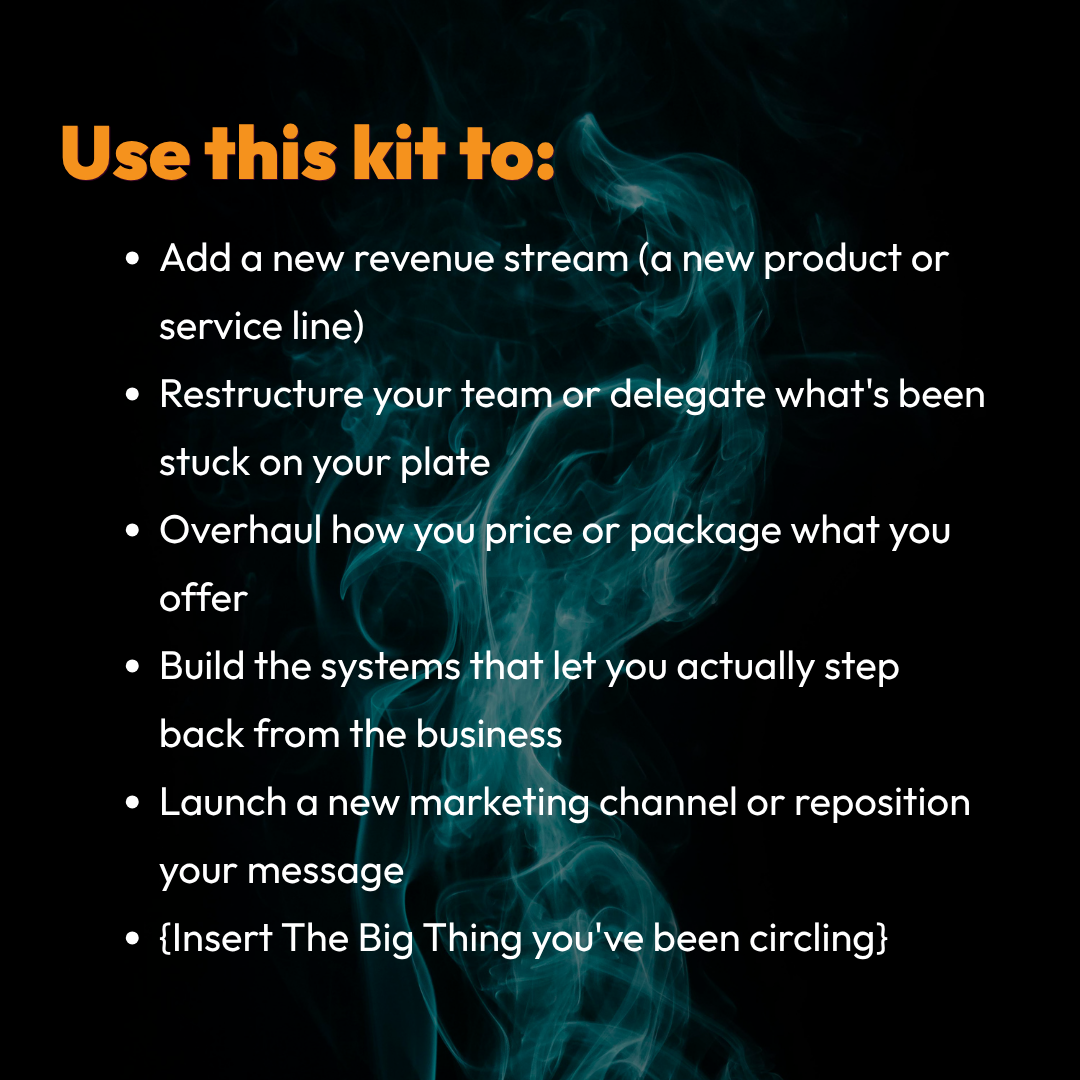 Infographic on how to use the Forge Your Future kit: add revenue streams, restructure your team, repackage offers, build systems, or launch a new marketing channel