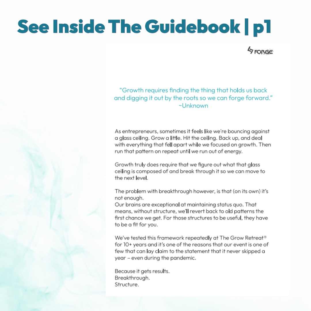 Guidebook preview page 1 from Forge Your Future, explaining the breakthrough and structure framework tested at The Grow Retreat