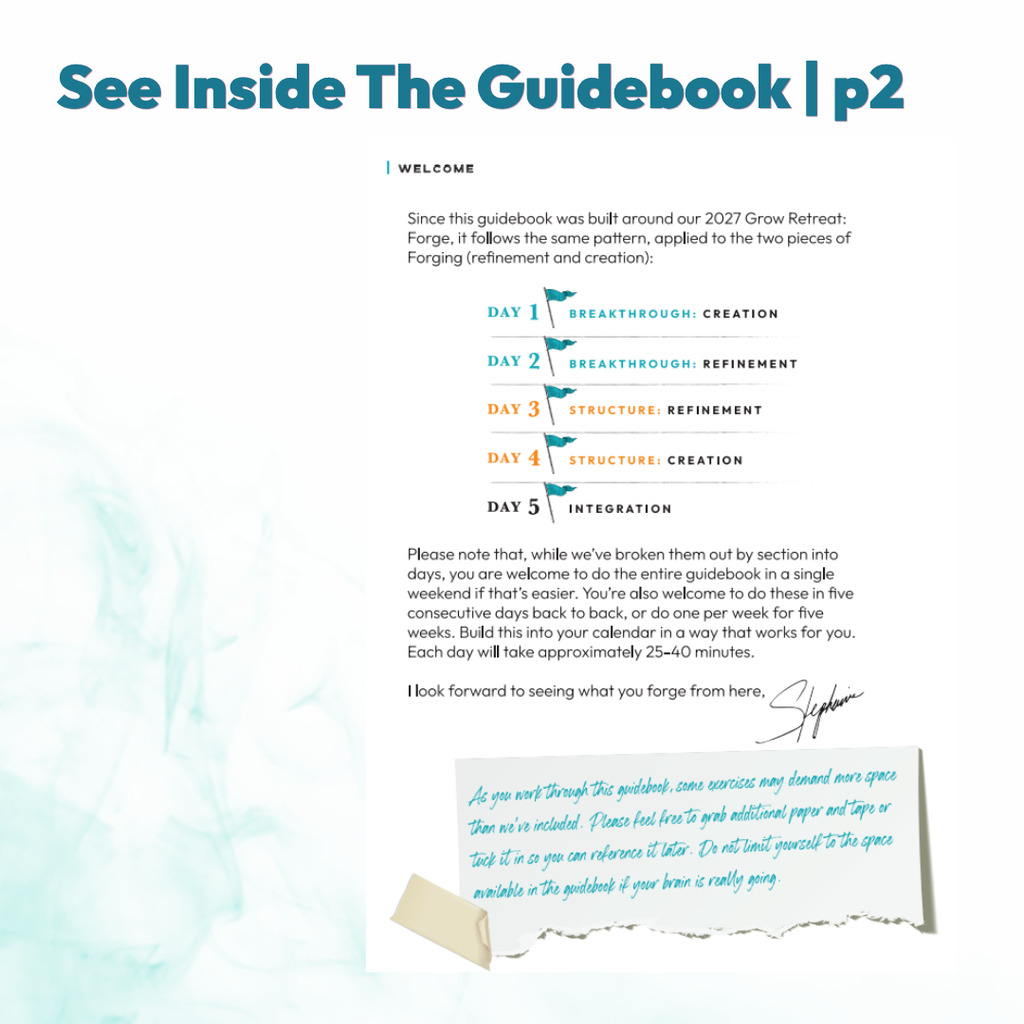 Guidebook preview page 2 from Forge Your Future, showing the 5 day breakdown of breakthrough, structure, and integration exercises