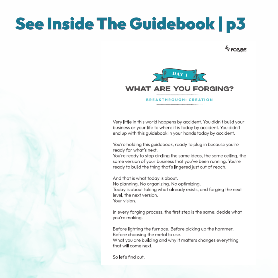 Guidebook preview page 3 from Forge Your Future, Day 1 breakthrough creation exercise titled What Are You Forging