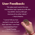 User feedback for the Sprint Habit Kickstarter kit from Maria Medina and Cyndi Pressler holding her finisher challenge coin