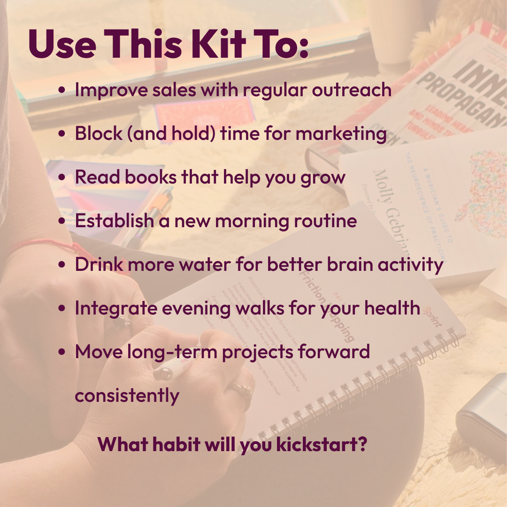 Infographic on how to use the Sprint Habit Kickstarter kit to improve sales outreach, marketing time, and morning routines, asking what habit will you kickstart