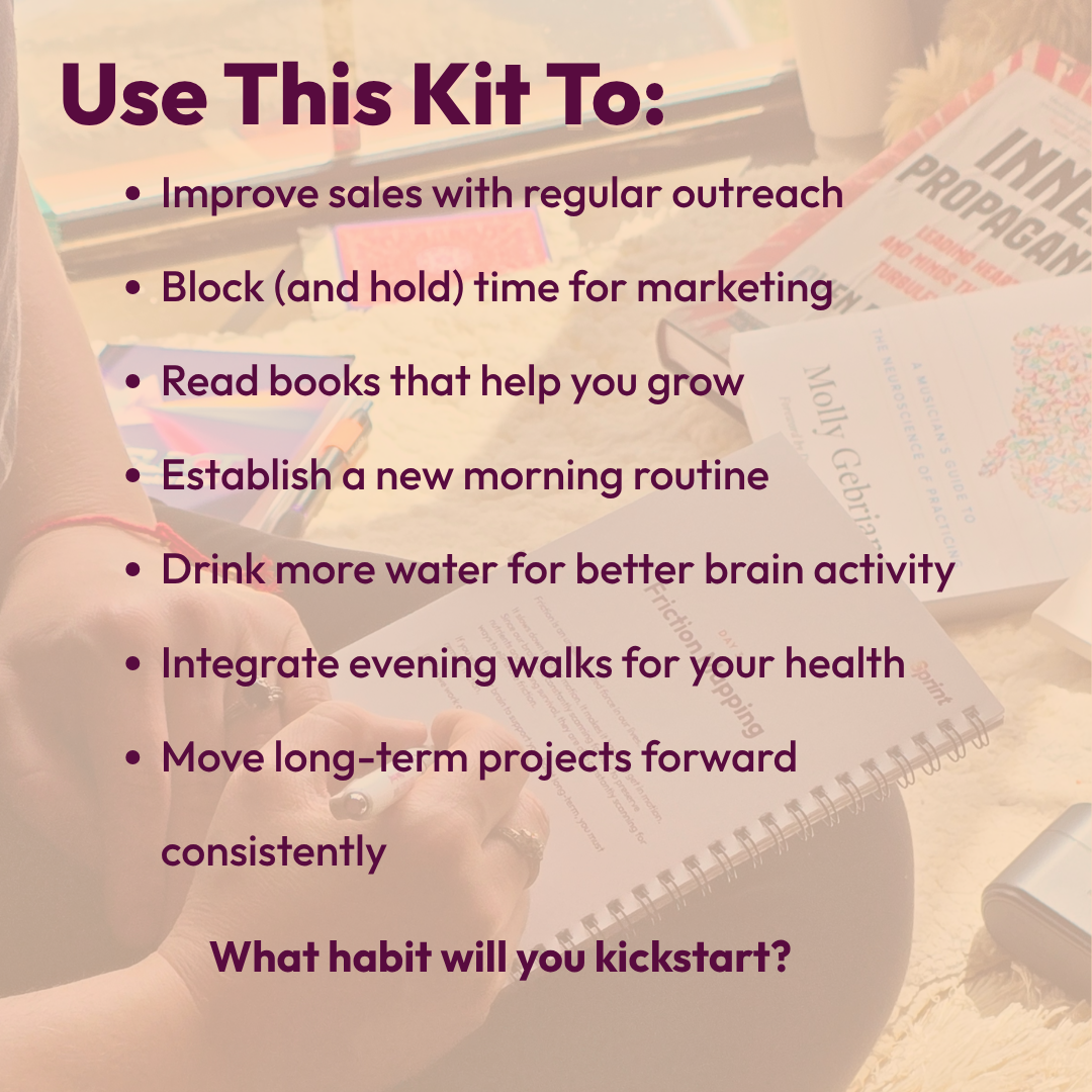 Infographic on how to use the Sprint Habit Kickstarter kit to improve sales outreach, marketing time, and morning routines, asking what habit will you kickstart