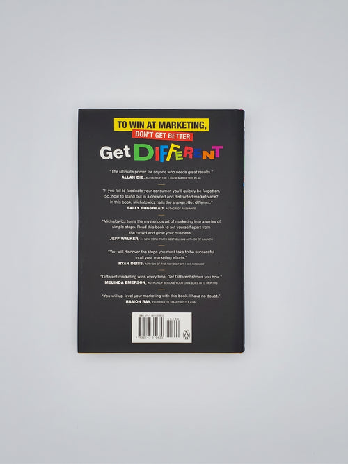 Back cover of Get Different by Mike Michalowicz with endorsements from Sally Hogshead, Jeff Walker, and Ryan Deiss