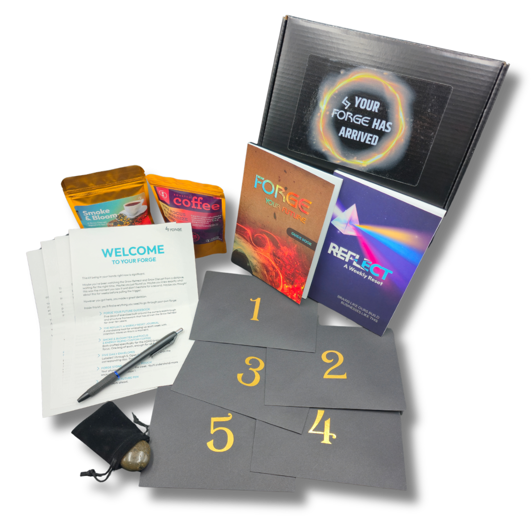 Forge Your Future kit by Grow Disrupt with guidebook, Reflect journal, Smoke & Bloom tea, Focus & Energize coffee, five numbered daily envelopes, forge stone, and pen.