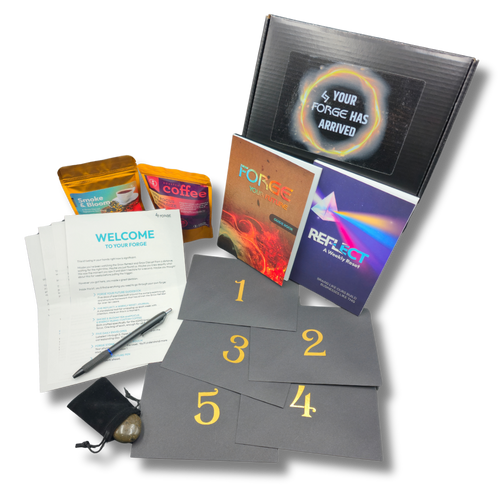 Forge Your Future kit by Grow Disrupt with guidebook, Reflect journal, Smoke & Bloom tea, Focus & Energize coffee, five numbered daily envelopes, forge stone, and pen.
